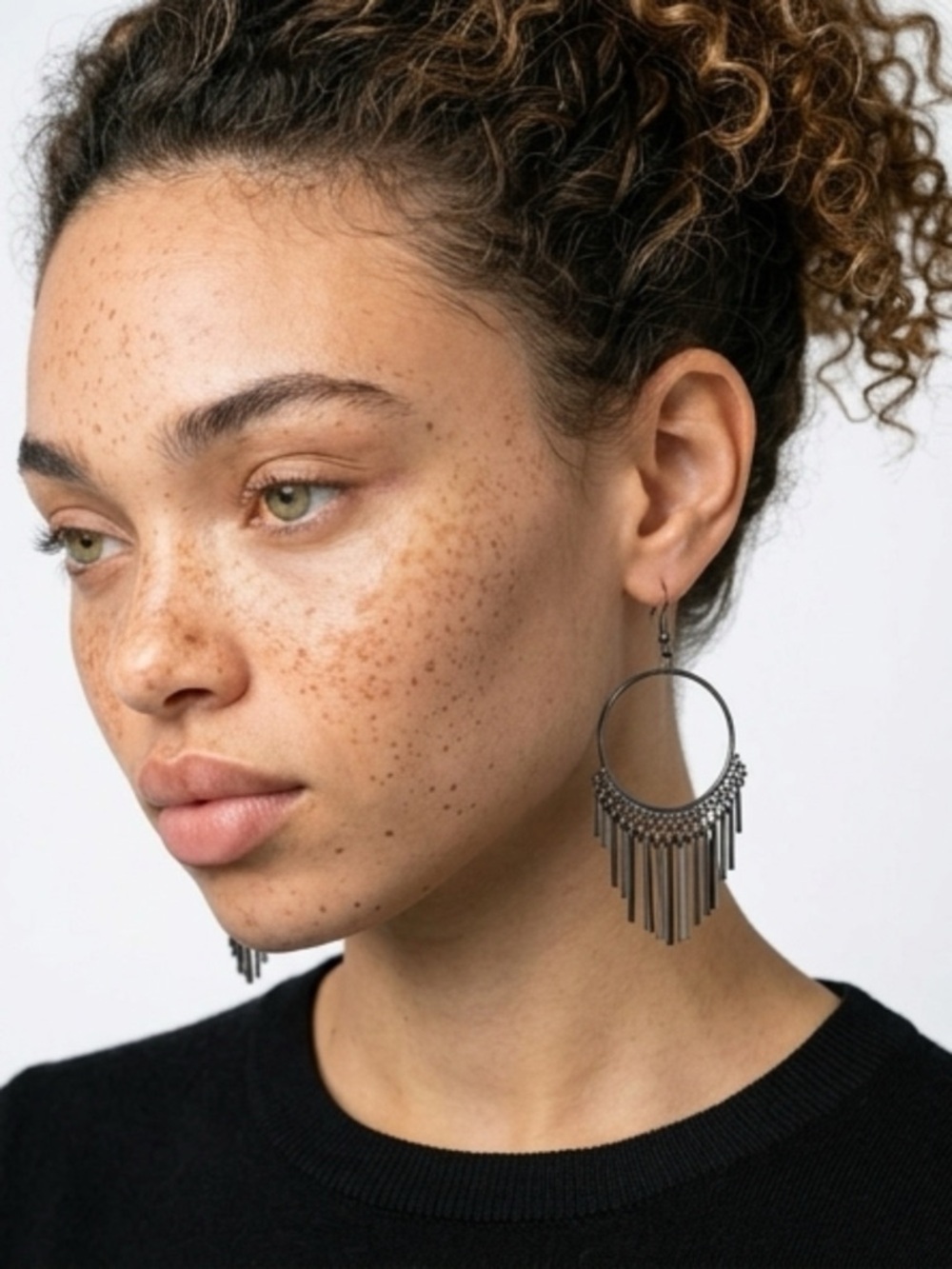 Fringed Hoop Drop Earrings in Gunmetal